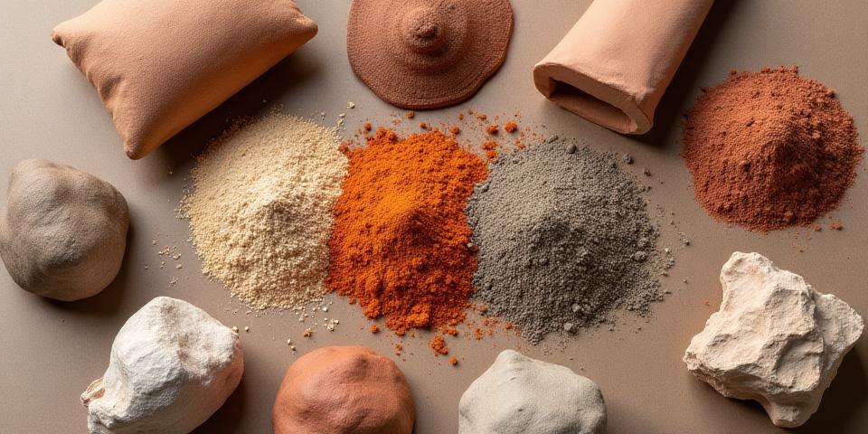 様々な色合いの粘土の塊と、天然の釉薬の原料が並べられている様子。